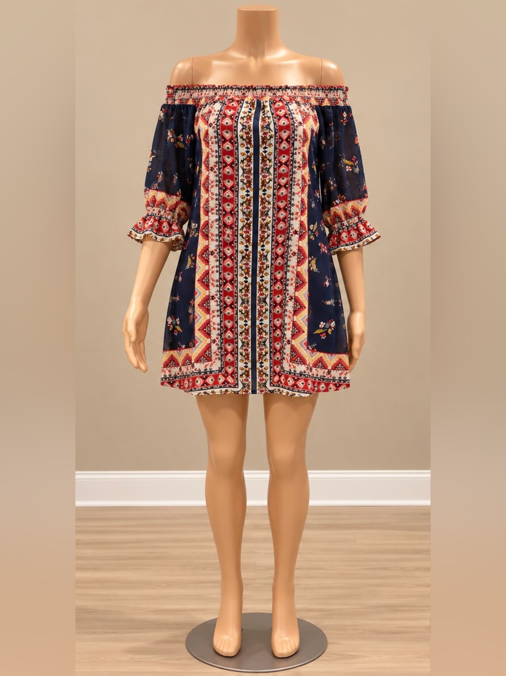 HeartSoul Boho Floral Off Shoulder Smocked Mini Dress Navy Rust M NWOT